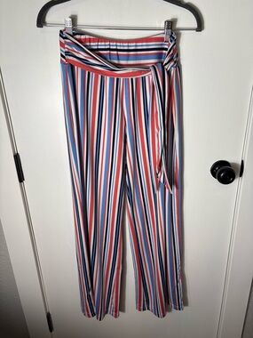 Robert Louis Blue Pink Striped Wide Leg Tie Waist Pants Size M Coastal